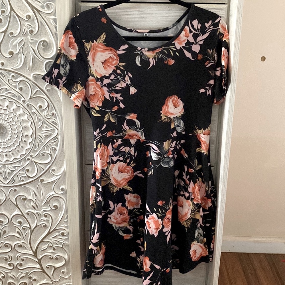 Floral print A line black dress